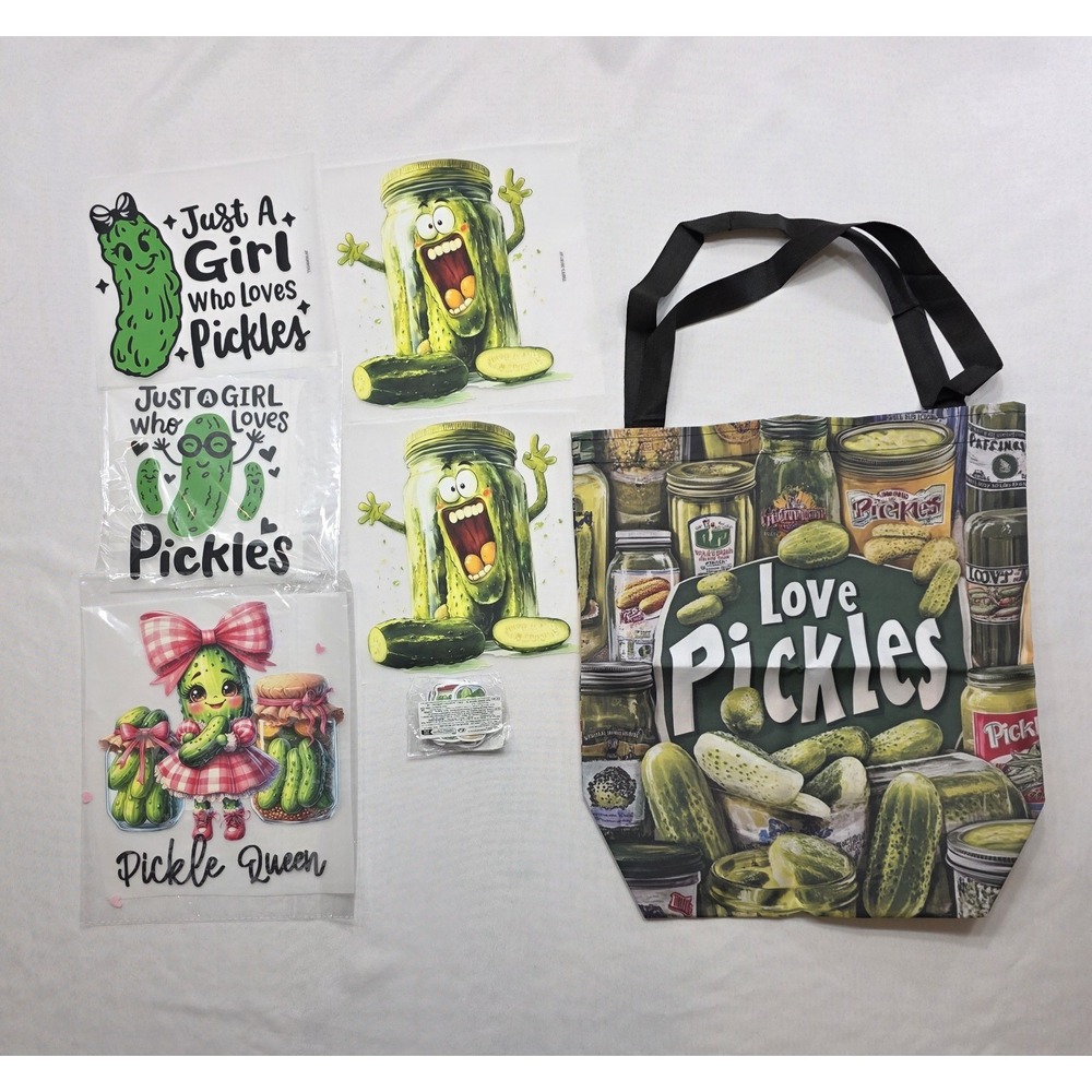 Pickle Gifts. New Lot of 5 Iron On Transfers, 1 Tote Bag, & 50 Stickers.